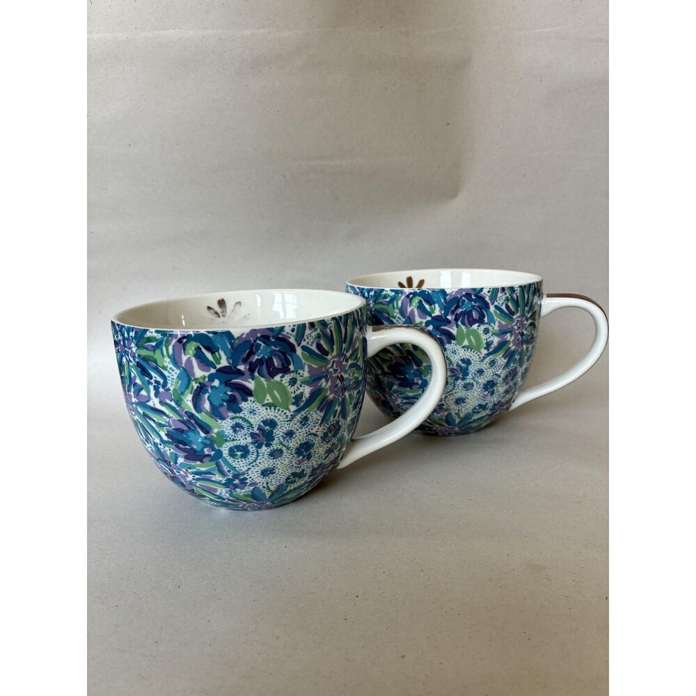 Lilly Pulitzer Blue Floral Coffee Mugs Set Of 2 Gold Handle Ceramic Tea